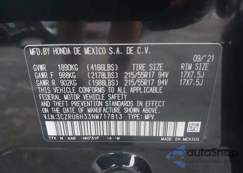 2022 Honda Hr-V Awd Lx z USA, uszkodzony, nr VIN 3CZRU6H33NM717813